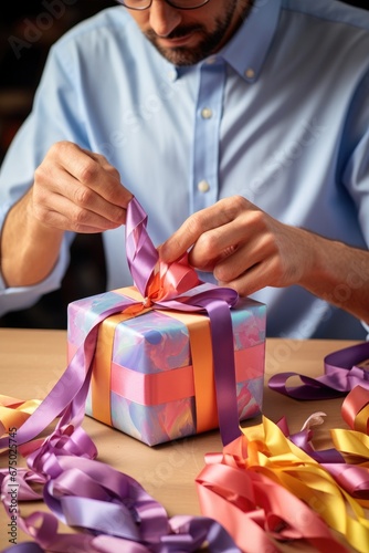 A man wrapping a present wi...