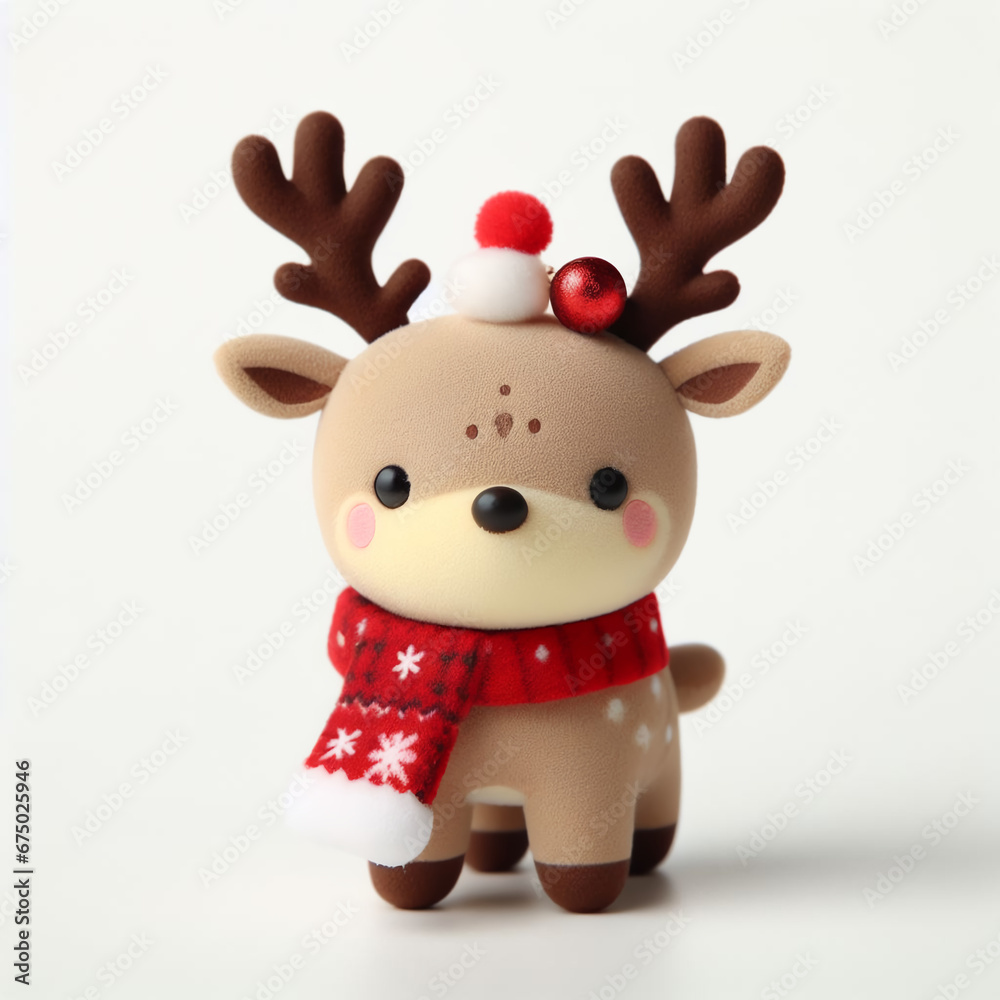 Fototapeta premium An image of a Christmas reindeer as a toy. The illustration is perfect for Christmas cards, banners, or stickers that celebrate the joy and spirit of the season.