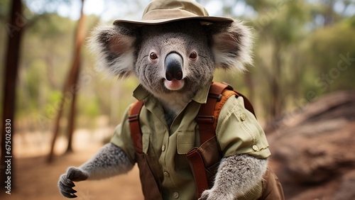 Cute koala wearing a hat and backpack in the Australian bush photo