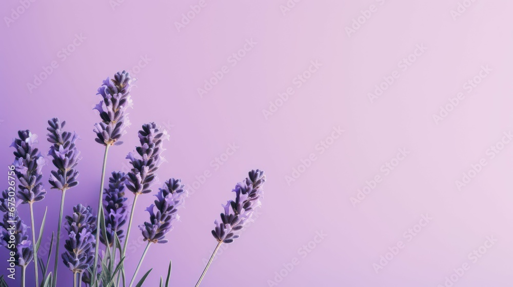 Vibrant display of lavender flowers set against a purple backdrop, AI-generated.