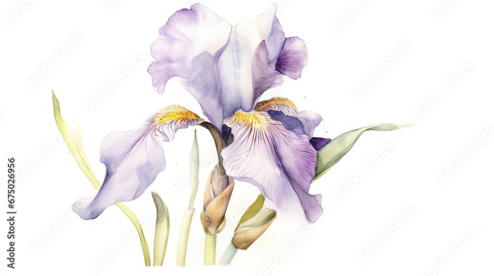 AI generated illustration of a white and blue iris flower with lush, green foliage surrounding it