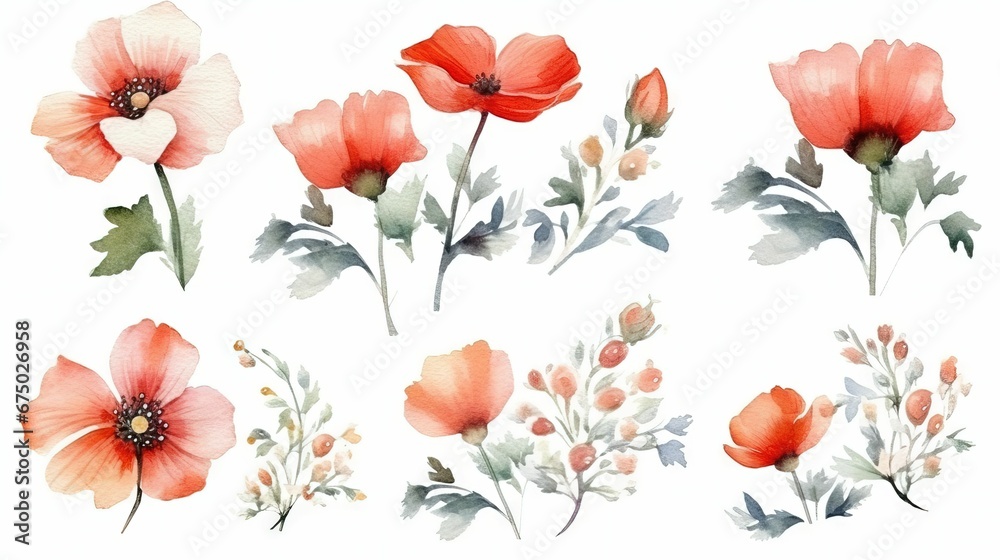 AI generated illustration of a collection of watercolor red poppy flowers in various stages of life AI generated illustration of a collection of watercolor red poppy flowers in various stages of life