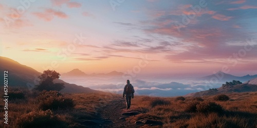 Person hiking in the mountains at sunrise  AI-generated.