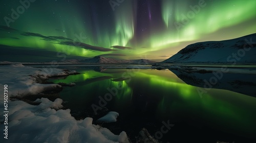AI generated illustration of Majestic Northern Lights illuminated in a reflection of mountains