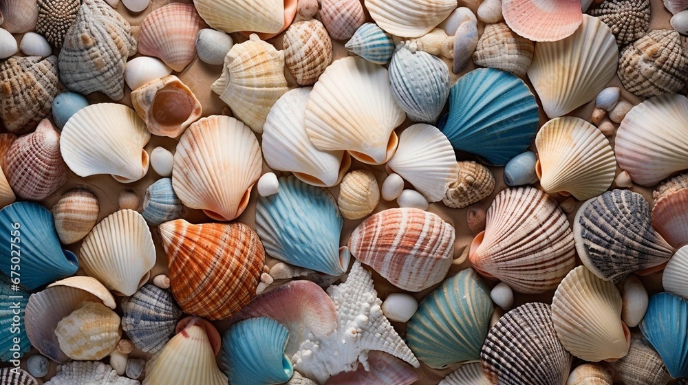 AI generated illustration of an array of shells arranged in a pile on a white background