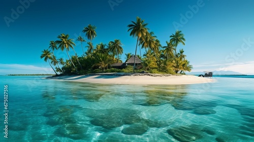 Tropical island paradise featuring a small sandy beach with palm trees. AI-generated.