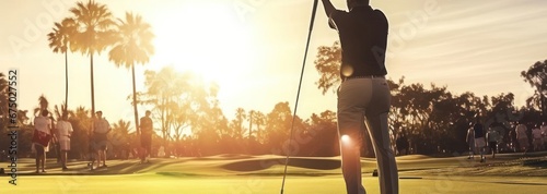 Hispanic Male Golf Tour Pro On Grassy Green Golfing At Dawn Generative AI photo