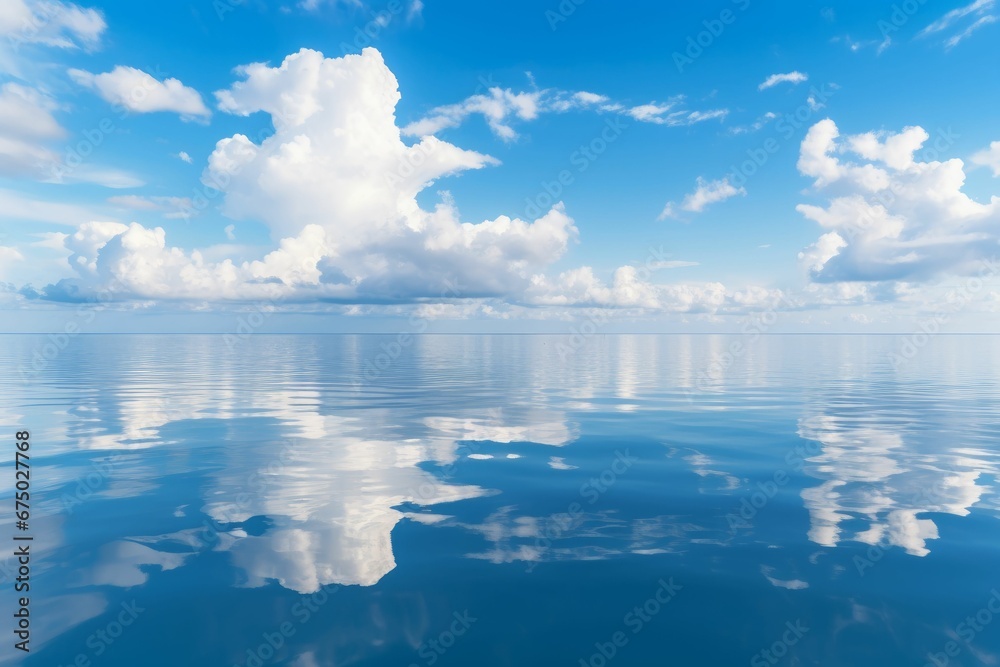 AI generated illustration of a tranquil sea reflecting blue cloudy sky - tropical summer concept