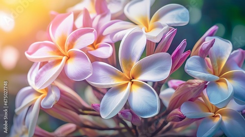 AI generated illustration of Plumeria rubra flowers in sunlight