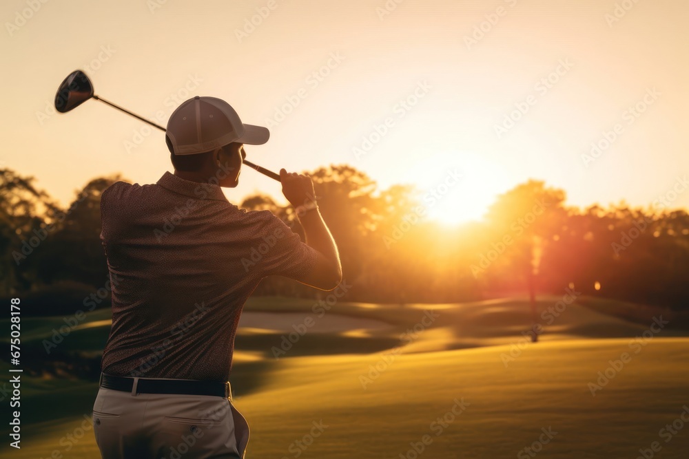 Fototapeta premium Hispanic Male Pro Golfer On Tour Golfing At Dawn Generative AI