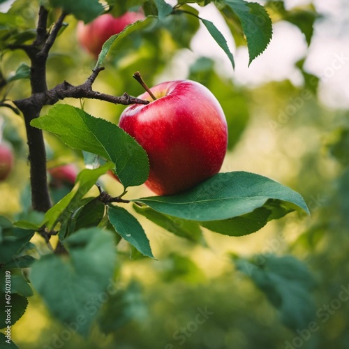 AI generated illustration of a ripe apple on a sun-drenched tree branch photo