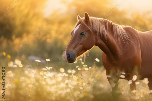 AI generated illustration of a brown horse walking in a grassy field with flowers on the side © Wirestock