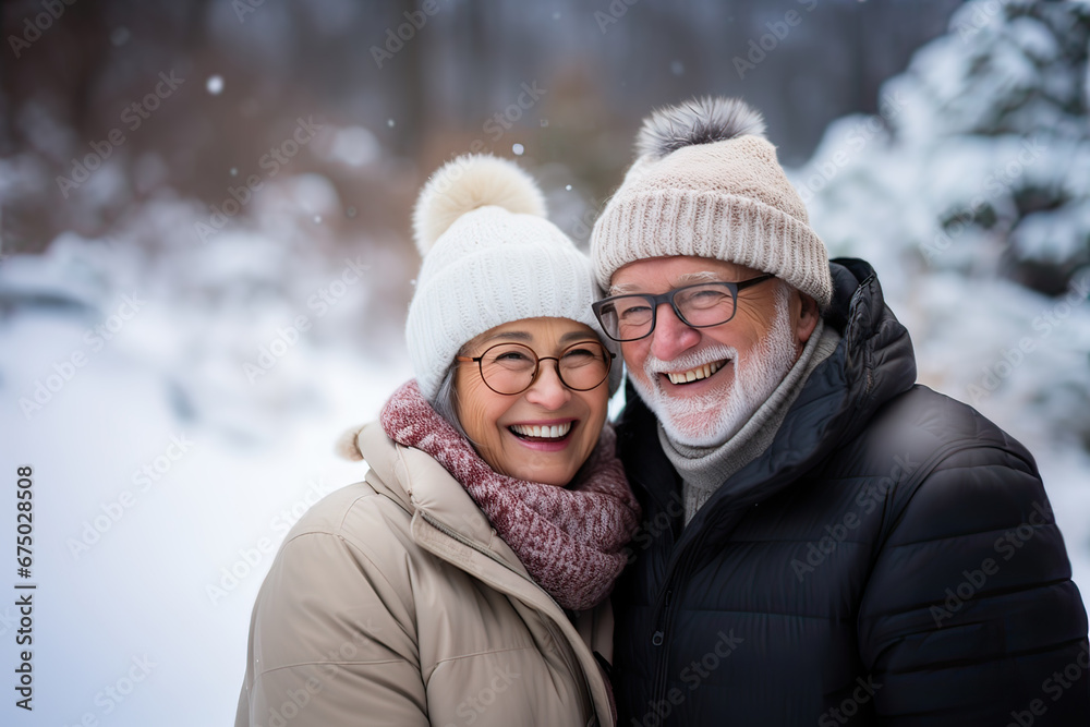 Senior adult couple outdoors in snowy winter. Generative AI. Senior adult couple outdoors in snowy winter. Generative AI.