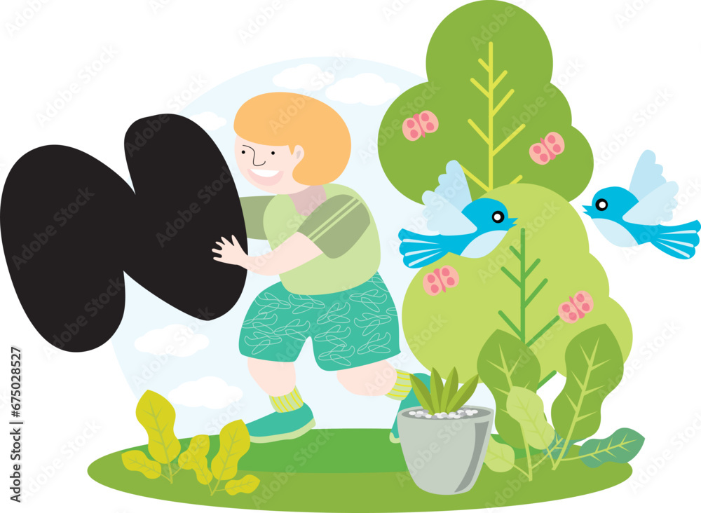a child holding the English alphabet letter N with blue sky and beautiful green environment with birds on trees and butterflies and green plants a child holding the English alphabet letter N with blue sky and beautiful green environment with birds on trees and butterflies and green plants