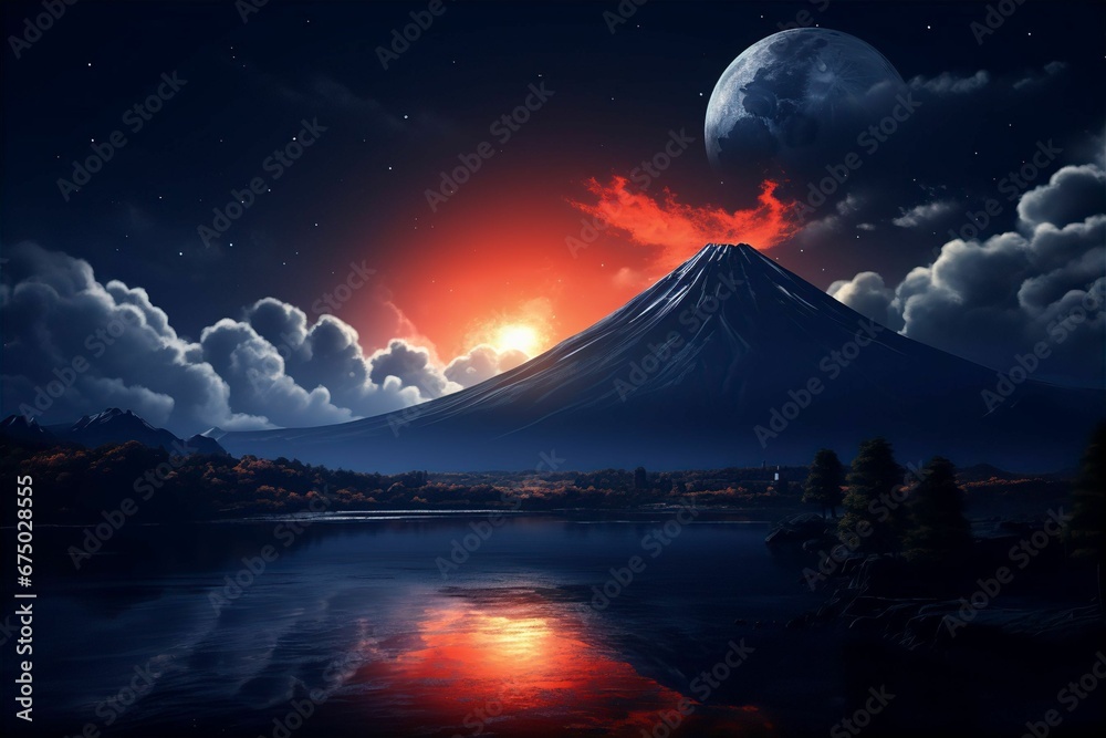 AI generated illustration of a snow-capped mountain illuminated by the moonlight in the night sky