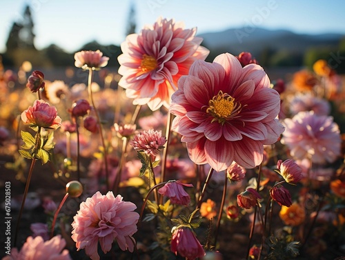 AI generated illustration of pink flowers in a field in sunlight