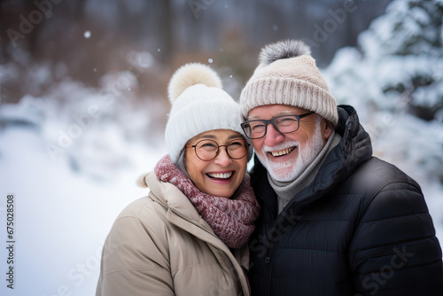 Senior adult couple outdoors in snowy winter. Generative AI. © Lux Images