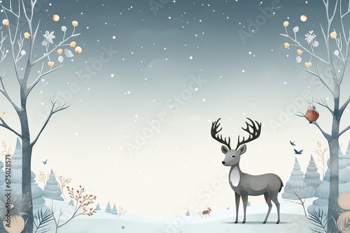 Reindeer in the snowy forest in winter. Christmas card  background. Generative AI.