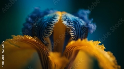 a blue and yellow flower on a blurred background