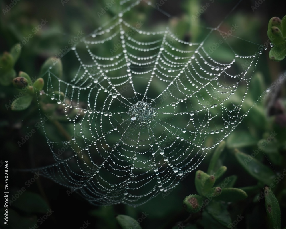 Naklejka premium AI generated illustration of a spider web covered with morning dew