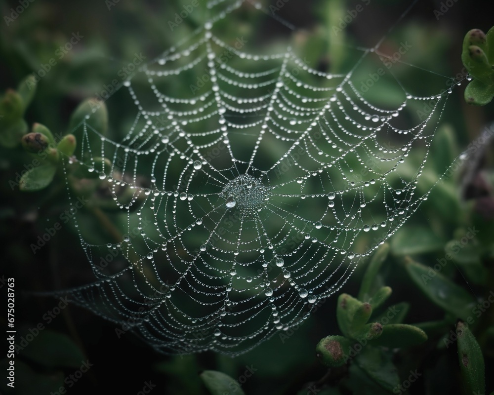 AI generated illustration of a spider web covered with morning dew