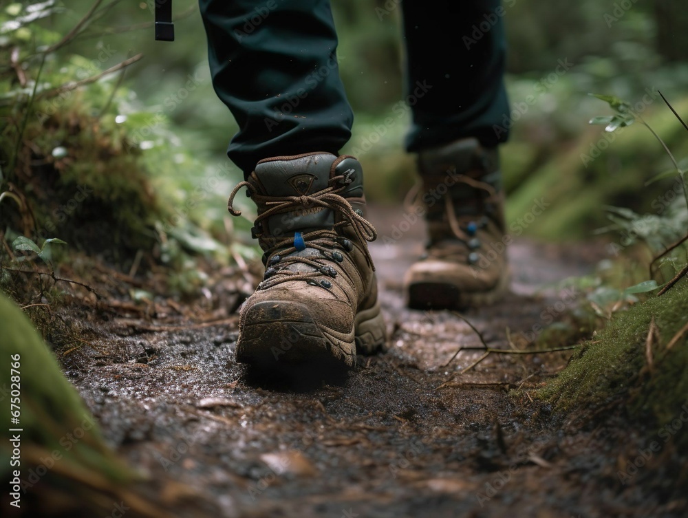 AI generated illustration of a pair of feet walking along a dirt trail in a wilderness setting AI generated illustration of a pair of feet walking along a dirt trail in a wilderness setting