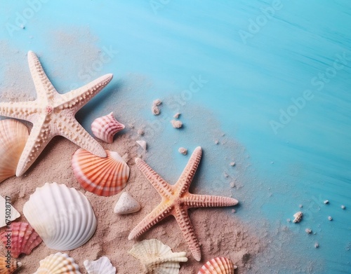 AI generated illustration of a beautiful marine background with seashells and beach sand