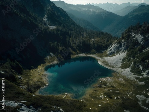 AI generated illustration of a breathtaking view of an expansive mountain range with a lake