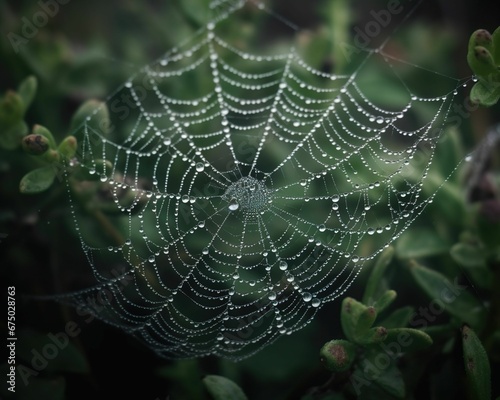 AI generated illustration of a spider web covered with morning dew