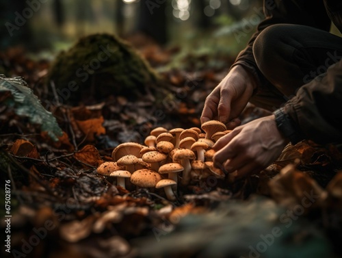 AI generated illustration of a man harvesting mushrooms from the forest floor