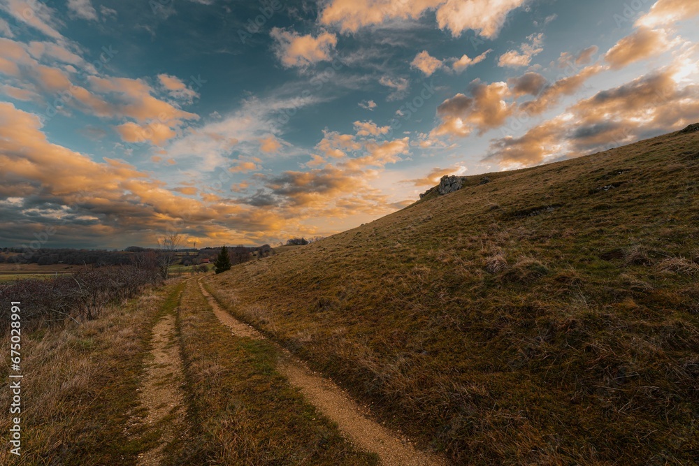 Fototapeta premium Beautiful landscape of the Swabian Jura at sunrise.
