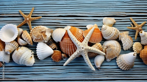 AI generated illustration of starfish and shells on a blue background