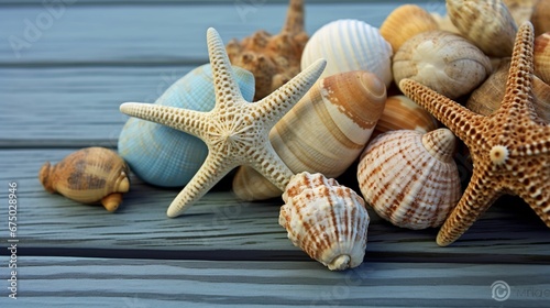 AI generated illustration of starfish and shells on a blue background