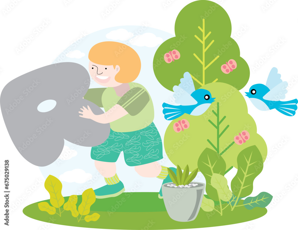 a child holding the English alphabet letter R with blue sky and beautiful green environment with birds on trees and butterflies and green plants a child holding the English alphabet letter R with blue sky and beautiful green environment with birds on trees and butterflies and green plants