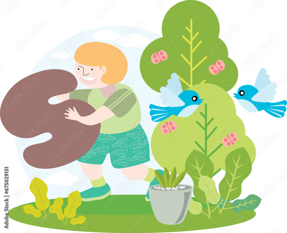 Naklejka premium a child holding the English alphabet letter S with blue sky and beautiful green environment with birds on trees and butterflies and green plants