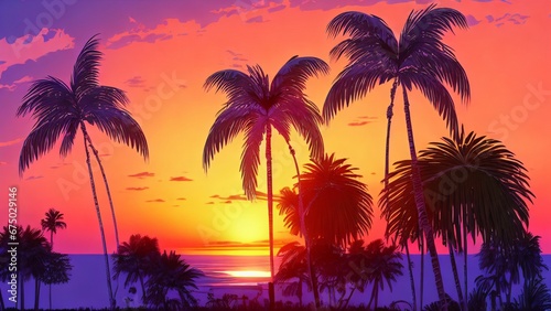 palm trees on the beach at sunset with a bright sky