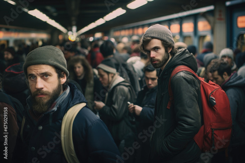 Refugees, men and children standing and waiting to cross the border, at the Sid train station, during the Refugee Crisis.