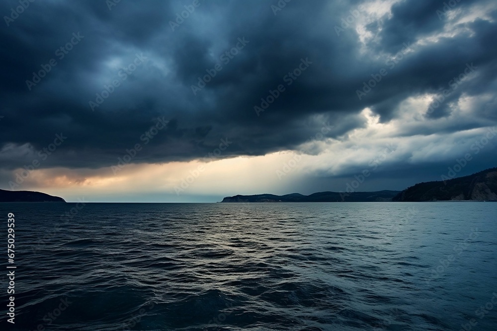 AI generated illustration of a dramatic sky with imposing clouds above the ocean AI generated illustration of a dramatic sky with imposing clouds above the ocean