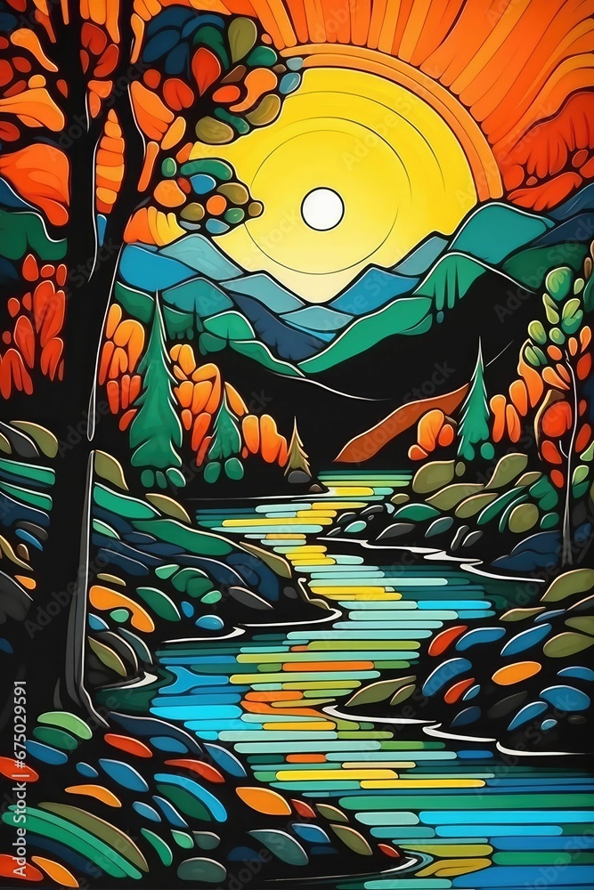 AI generated illustration of a vibrant artwork depicting a picturesque autumnal landscape