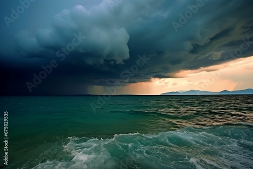 AI generated illustration of a dramatic sky with imposing clouds above the ocean © Wirestock