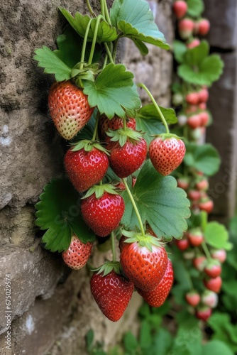 AI generated illustration of fresh  ripe strawberries growing on a vine outside