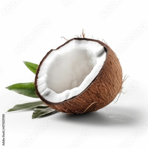 AI generated illustration of a freshly cut coconut on a white background