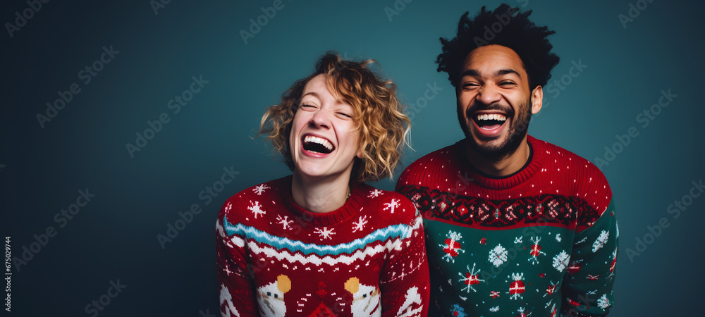Fototapeta premium beautiful happy couple with Christmas sweaters and a blue background celebrating the Christmas and New Year holidays