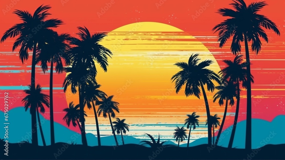 AI generated illustration of a vibrant sunset over a silhouetted mountain range, with palm trees