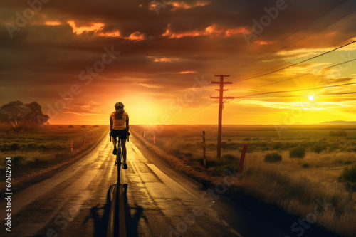 Panoramic photograph of a cyclist in the landscape during sunset. Beautiful colors. © Henrry L