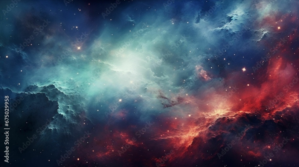 AI generated illustration of stars in blue and red nebula in the space AI generated illustration of stars in blue and red nebula in the space