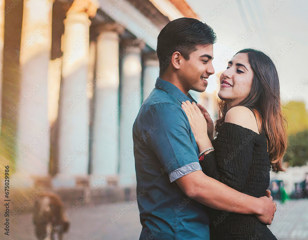 Naklejka premium Young couple in love having fun in the city with copy space; man and woman hugging outdoors