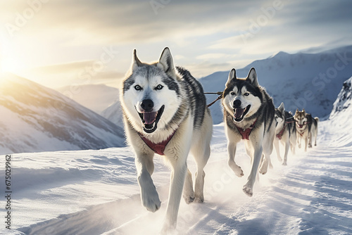 team of husky sled dogs diligently pulls a sled through the pristine and expansive Arctic mountain terrain. Shallow field of view focuses on this awe-inspiring scene. Generative AI. © Surachetsh