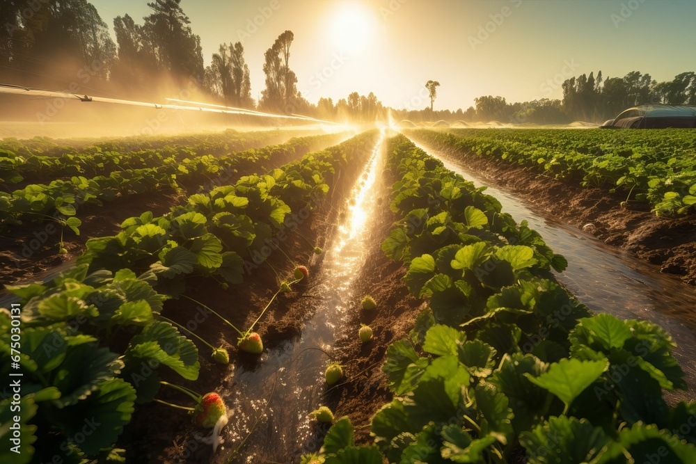 AI generated illustration of a strawberry farm with water sprinklers spraying water over the plants - obrazy, fototapety, plakaty 