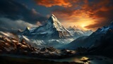 Majestic snow-capped mountain illuminated by the fading light of the setting sun, AI-generated.
